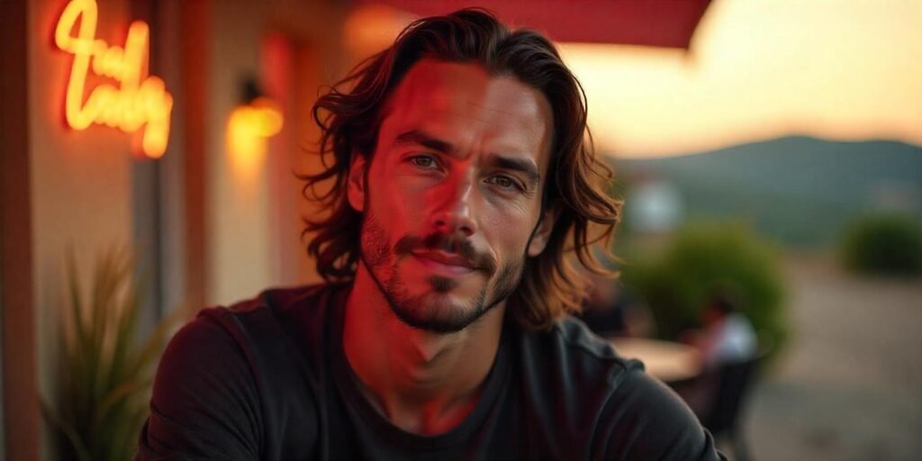 "Man with long, curly hair, clean-shaven, wearing a casual t-shirt in a romantic outdoor setting."