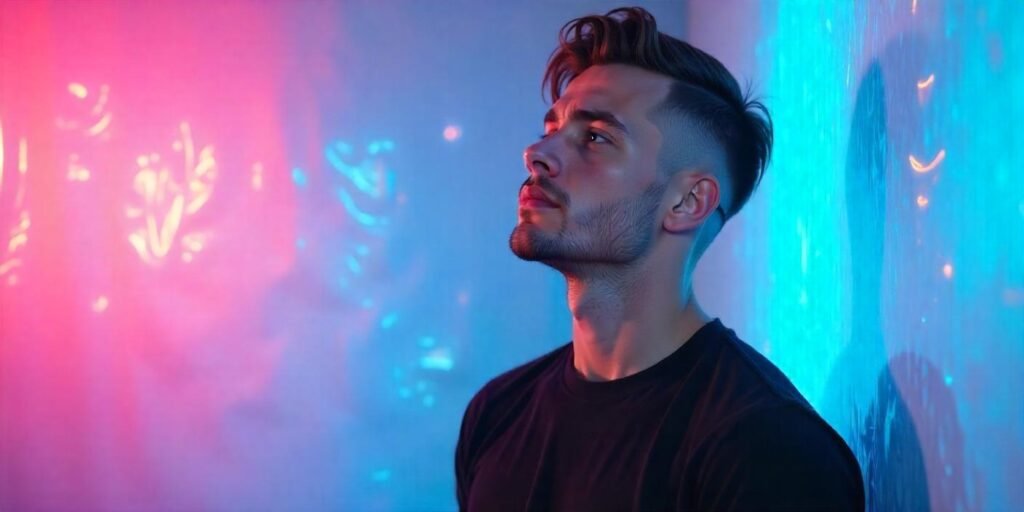 "Realistic photo of a man with an undercut hairstyle and long tousled top, showcasing a modern, stylish look."