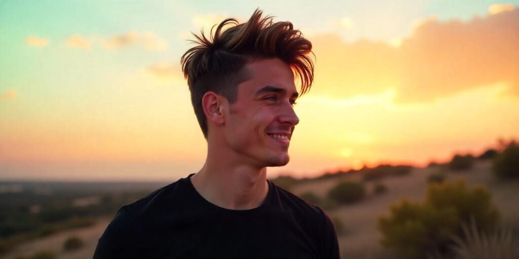 Man with long shag hairstyle styled with layers and volume, looking confident in a casual outfit outdoors.