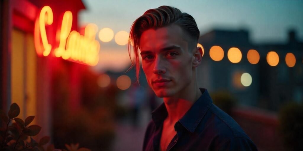 "Man with slicked-back long hair in a romantic setting wearing a dark shirt, exuding style and sophistication."