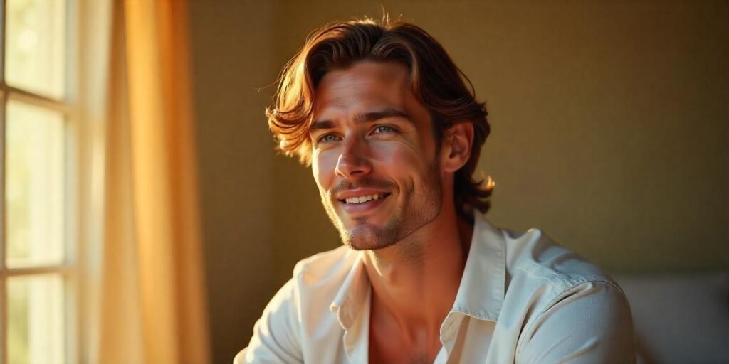 "Realistic photo of a young man with medium hair styled in a relaxed side part, wearing a white shirt, with a romantic background."