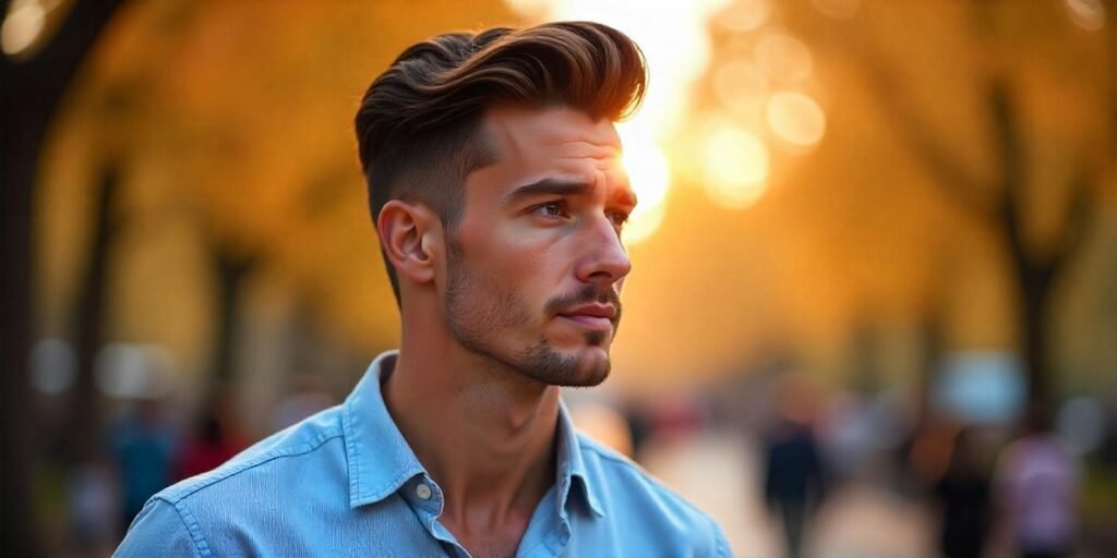"Young man with side-parted hair styled in a quiff, dressed in a light blue shirt, standing in a romantic outdoor setting."