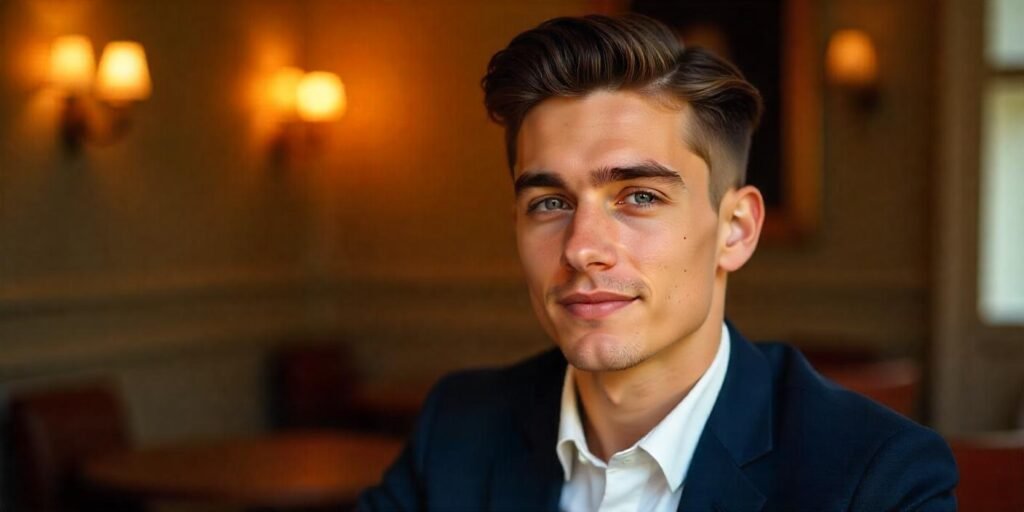 A man with a classic side-part hairstyle, dressed in a formal outfit, in a romantic, elegant setting.