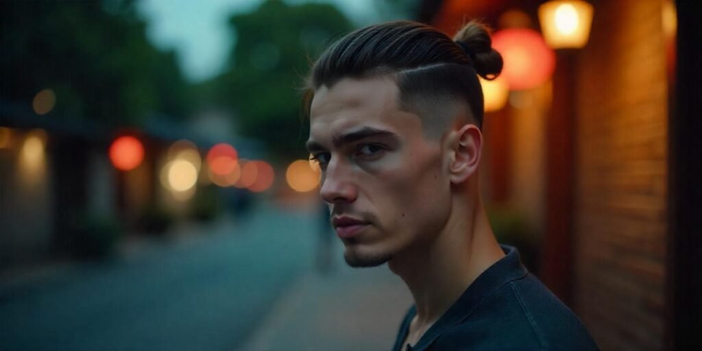 "Realistic photo of a man with a top knot man bun hairstyle, inspired by samurai fashion, exuding a confident vibe."