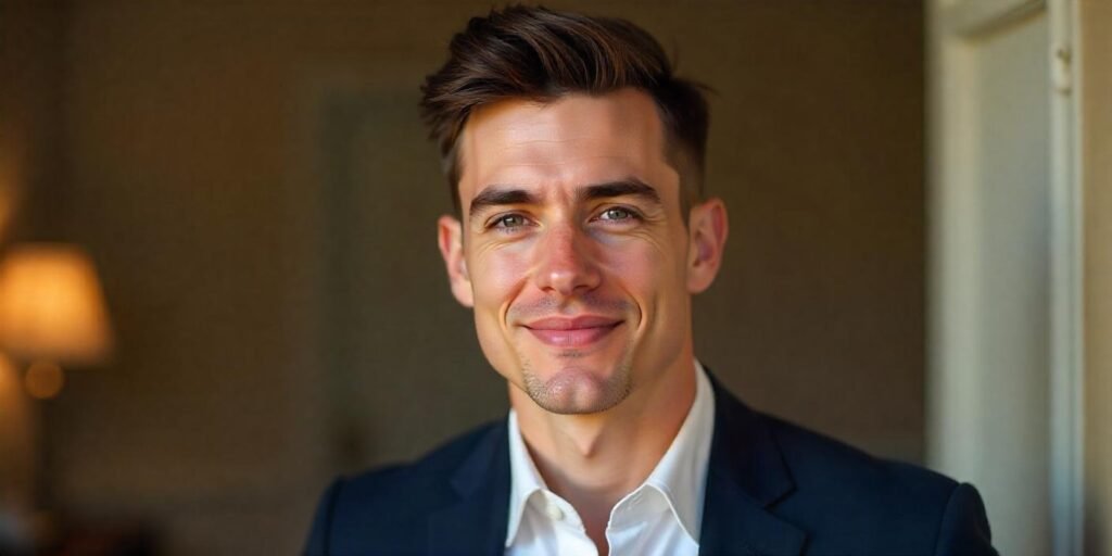 Realistic image of a young man with a neat Ivy League haircut and side part wearing navy blazer