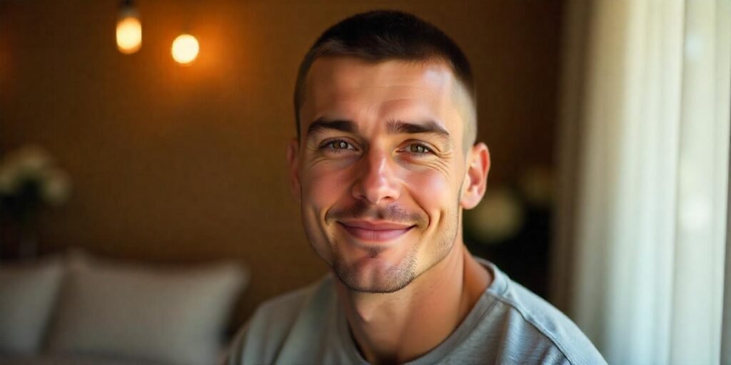 Young man with buzz cut hairstyle wearing gray t-shirt in romantic soft light background