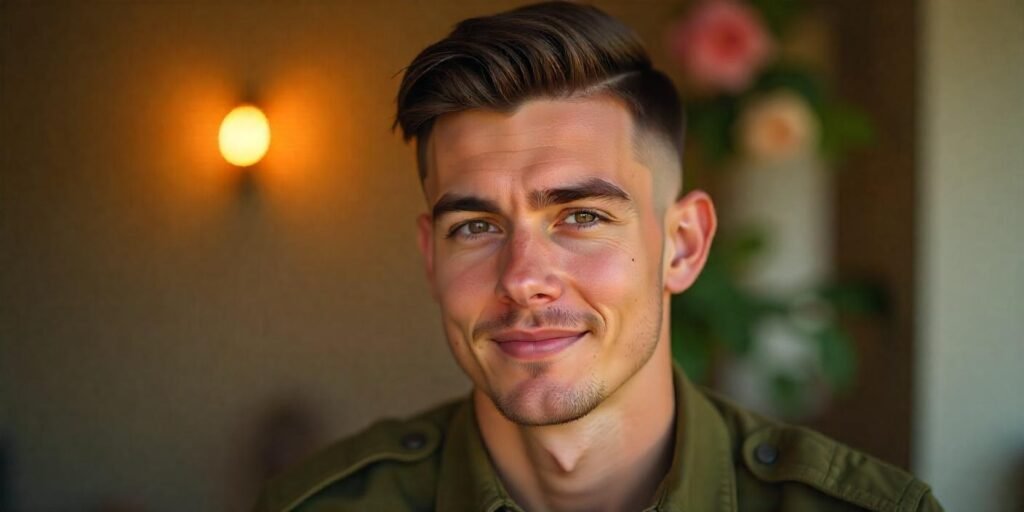Realistic photo of man with High & Tight haircut and olive jacket in a romantic warm background
