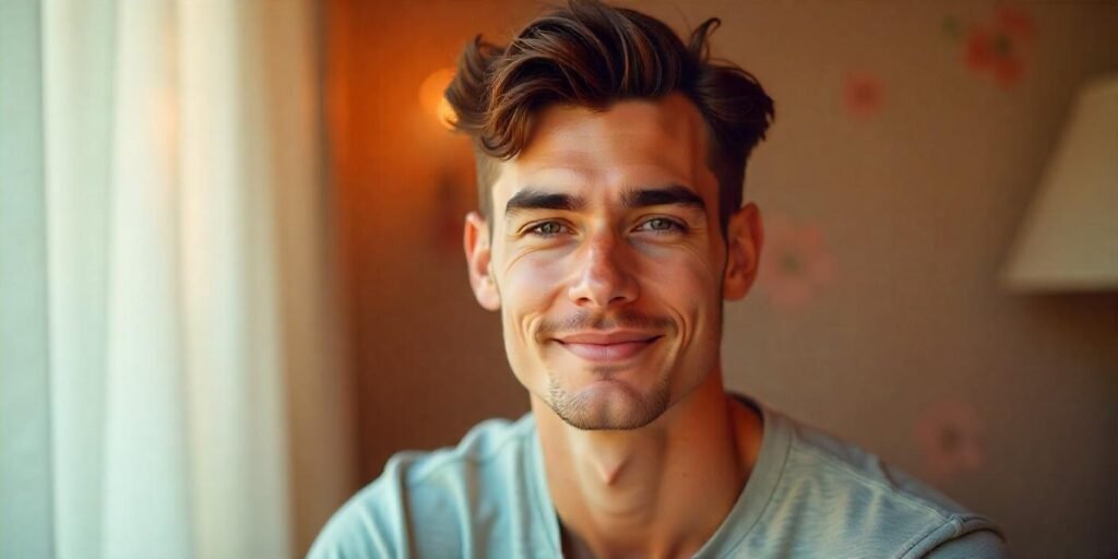 Young man with textured crop haircut styled forward wearing gray shirt in romantic background