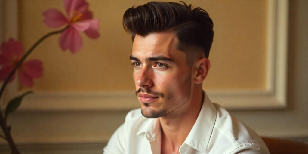 Realistic photo of a young man with a 1950s pompadour hairstyle, short tapered sides, shiny brushed-up top, romantic background.