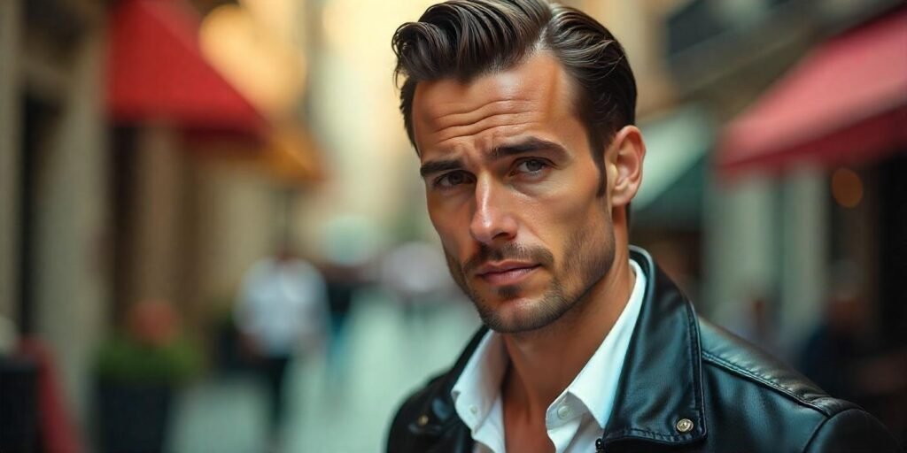 Young man with slick back hairstyle wearing white shirt and black jacket in romantic background, confident expression