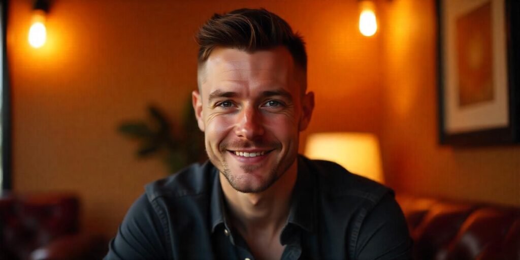 "Man with high skin fade haircut, sleek and bold look, casual style, romantic lighting background"






