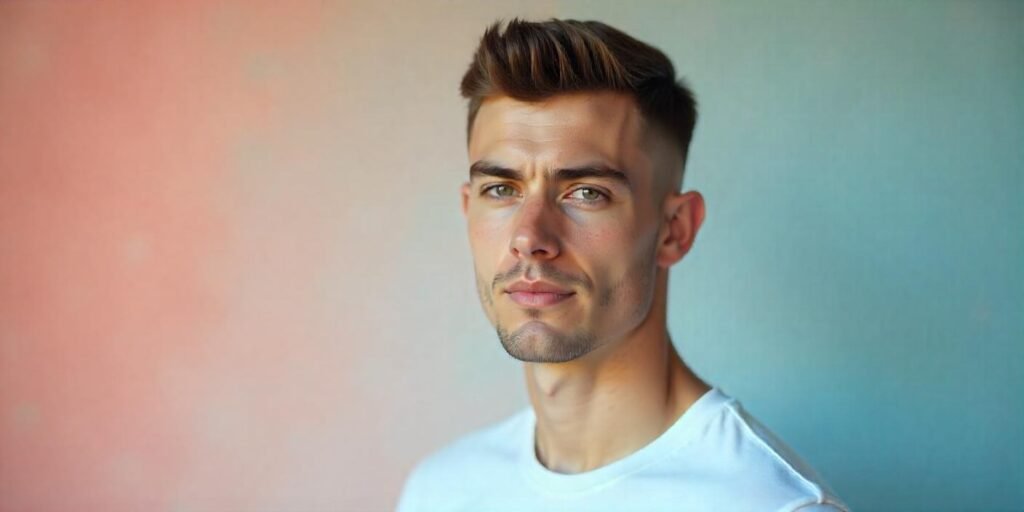"Realistic photo of a man with a crew cut hairstyle in a casual white shirt, standing against a romantic, soft background."

