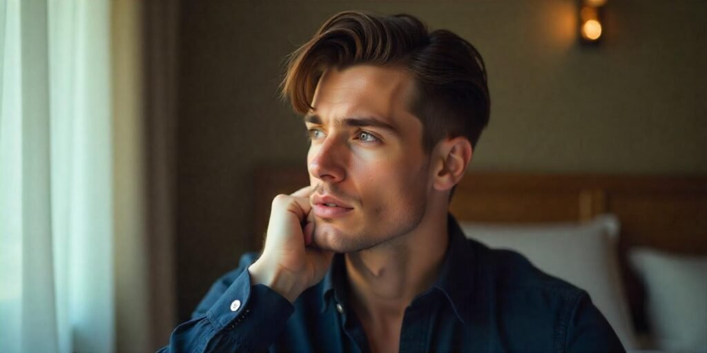 "Side part hairstyle on a man with thin hair styled for a sophisticated, voluminous look"

