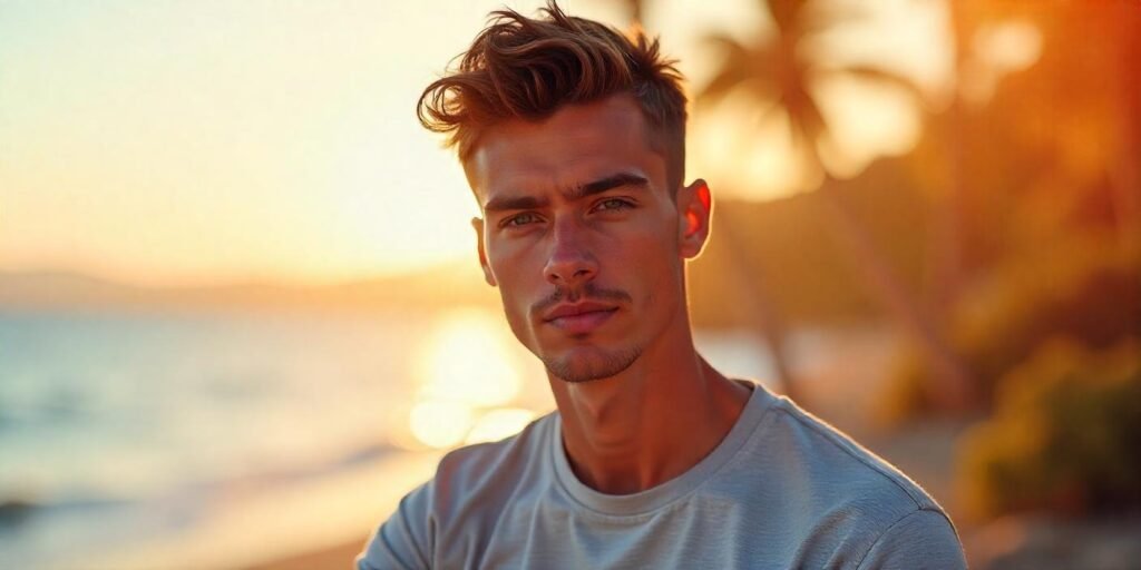 "Man with short quiff haircut styled for volume, wearing casual t-shirt, in romantic background."






