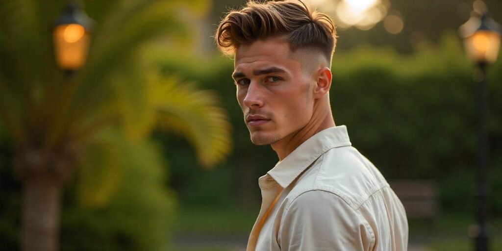 "Men’s undercut hairstyle with volume on top, stylish and sleek, in a romantic outdoor setting."






