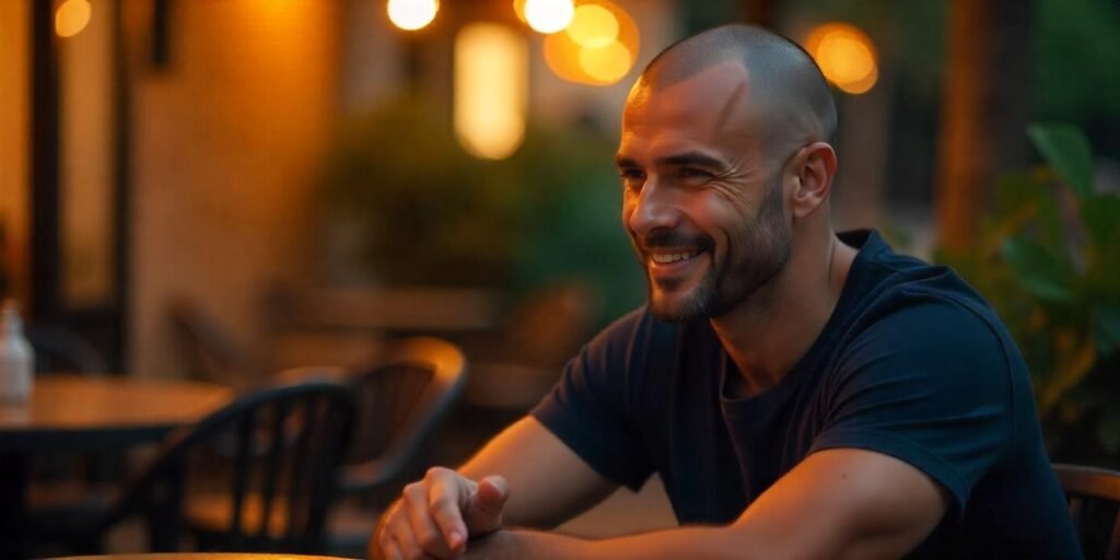 Man with a bald cut hairstyle, casual outfit, sitting outdoors in romantic lighting, showing confidence and minimalism.