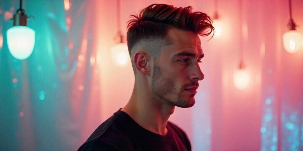 "Razor fade haircut on a male model with a modern, precise taper and romantic background"