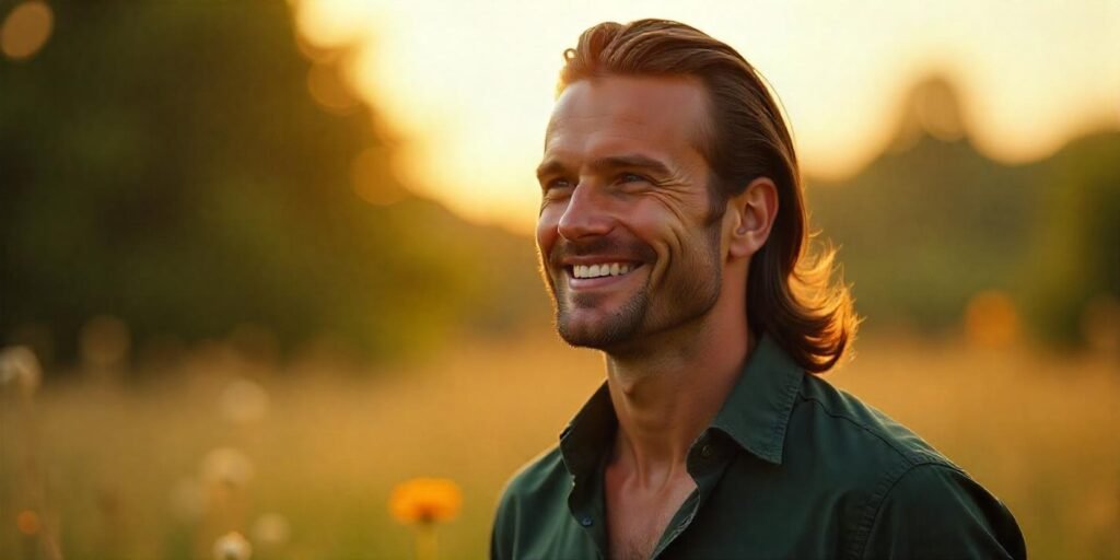 Classic long mullet hairstyle for men, side-shaved and stylish, with a romantic background and confident expression.








