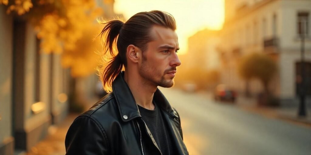 "Man with mullet hairstyle, long fringe, and taper fade in a romantic setting, wearing a leather jacket."









