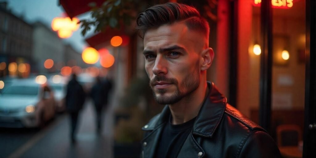 Stylish young man with a short slick-back mullet hairstyle, beard, and a leather jacket in a romantic outdoor setting.








