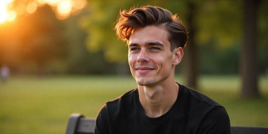 "Man with French Crop Mullet haircut in a casual black t-shirt with romantic background"

