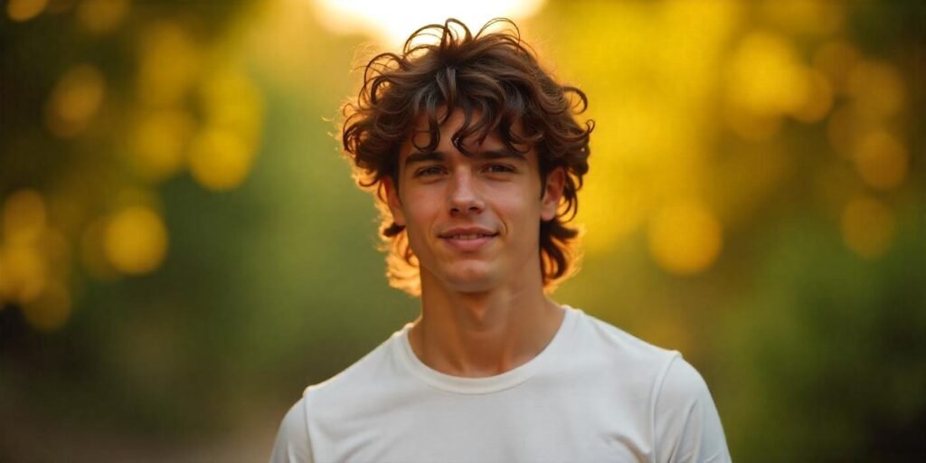 "Man with curly mullet hairstyle and long fringe, dressed in casual white t-shirt, romantic outdoor setting."


