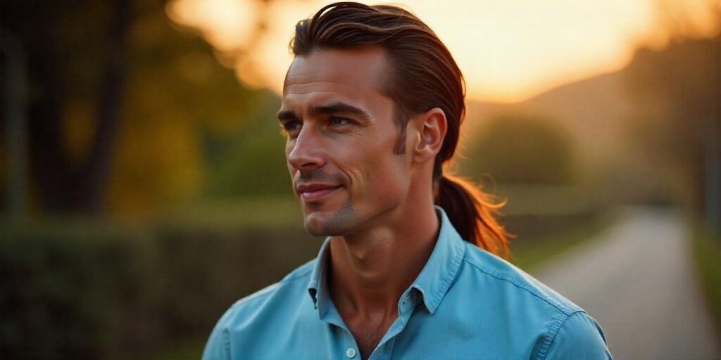 A young man with a long slick-back mullet hairstyle, dressed in smart casual attire, set in a romantic background.








