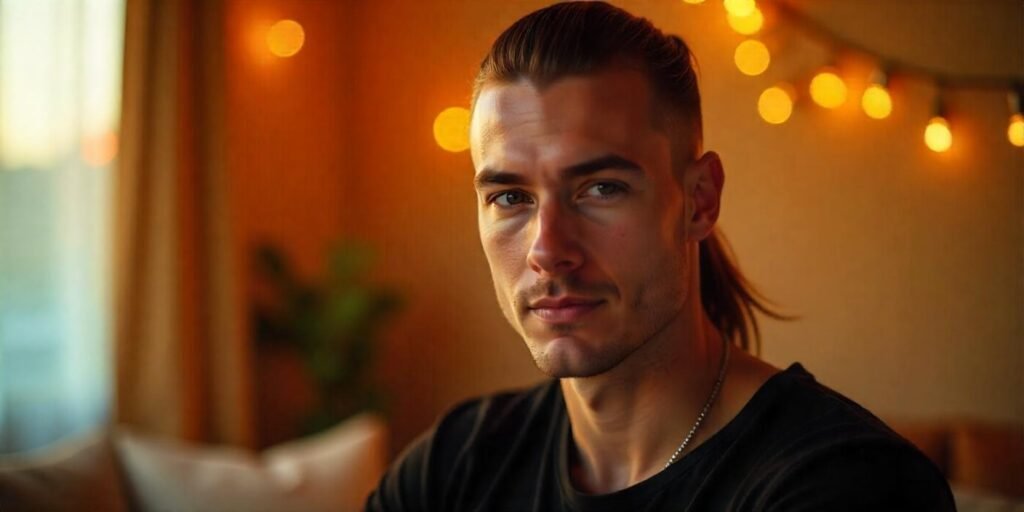 "Man with skin fade ponytail mullet hairstyle, French crop, undercut, casual look"








