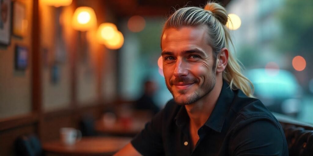 "Realistic blonde mullet with man bun hairstyle, ideal for casual and professional settings."








