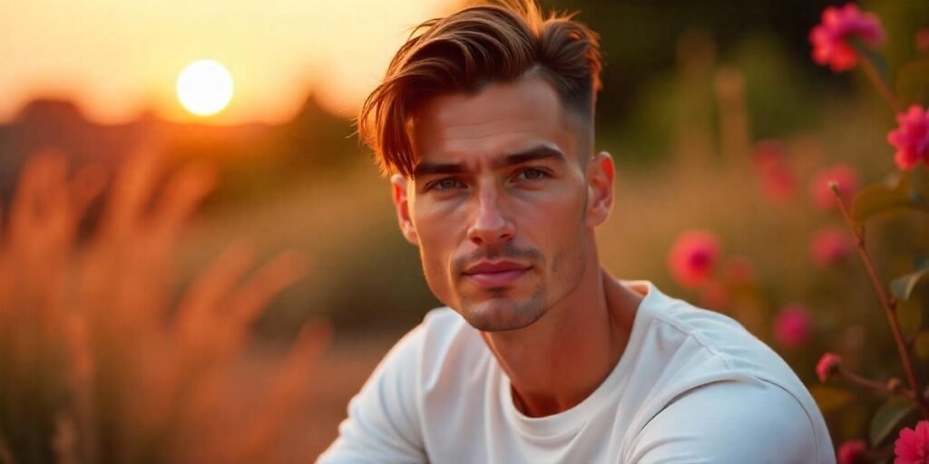 "Straight bang mullet hairstyle for men with a modern, trendy look in a romantic outdoor setting."








