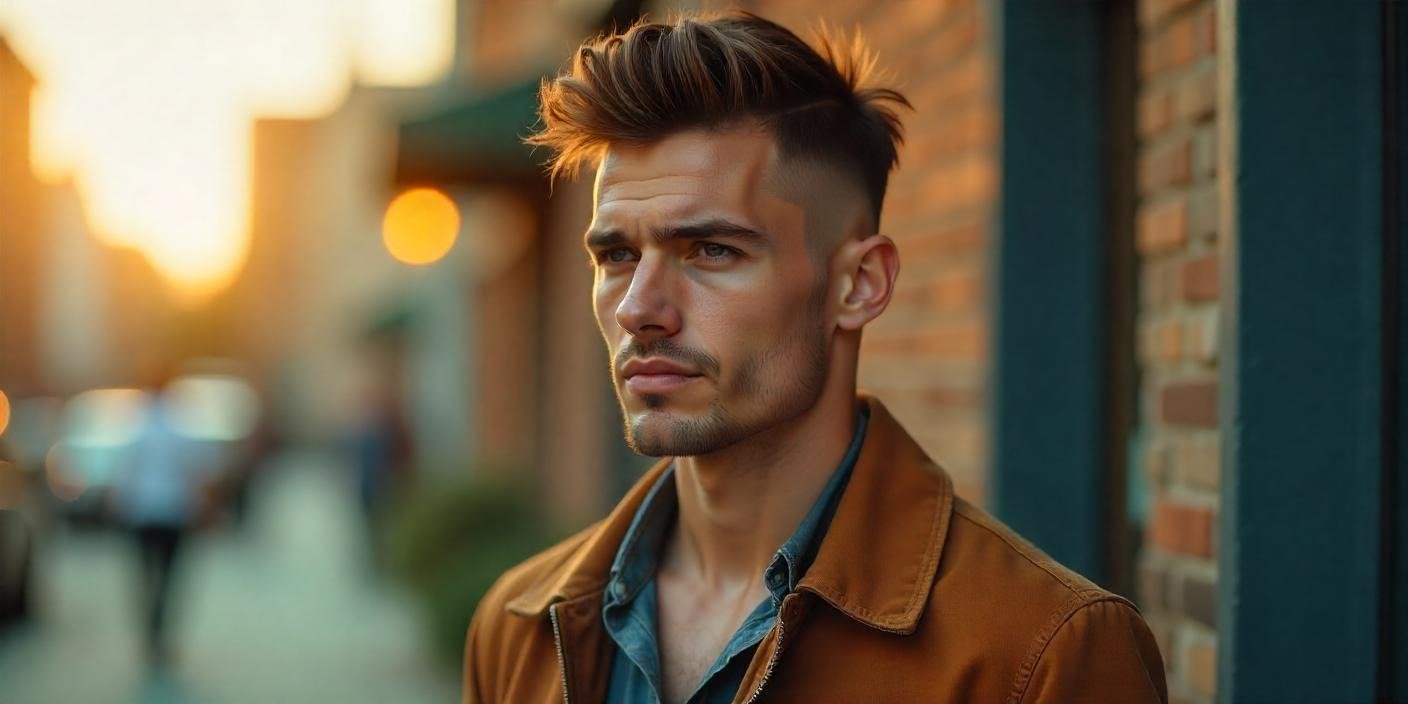 Stylish man with textured undercut hairstyle and faded sides in urban setting holding grooming products.