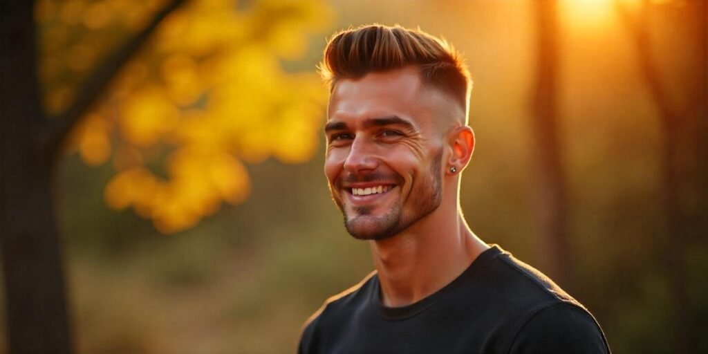 "Man with a fade haircut blending short to long hair in a romantic outdoor setting."