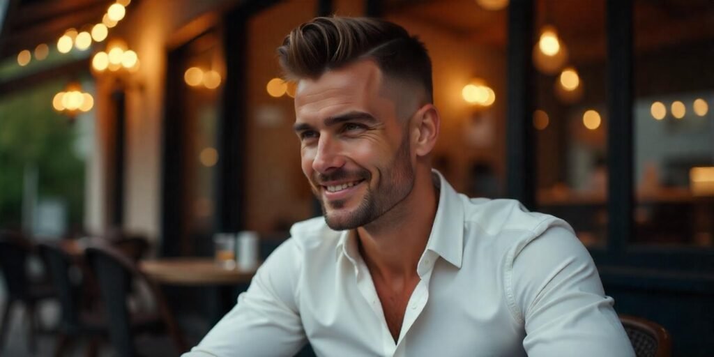 Male model with Taper Fade hairstyle in a romantic outdoor cafe, showcasing a clean, bold look.