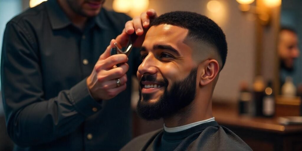 "Man getting a shape up haircut with a sharp hairline, relaxed and confident in a cozy, romantic setting."