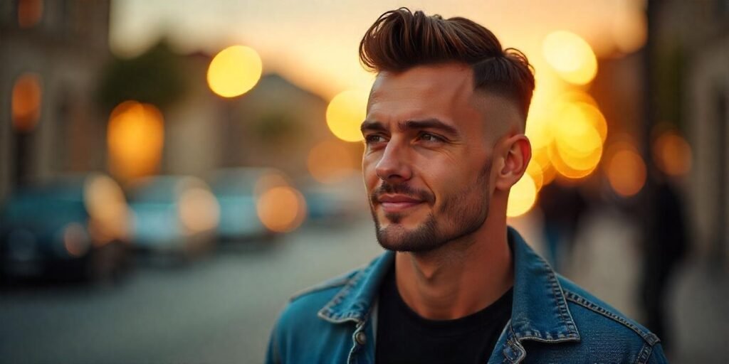 "Realistic image of a man with an undercut hairstyle, dressed in a black T-shirt and denim jacket, exuding confidence."