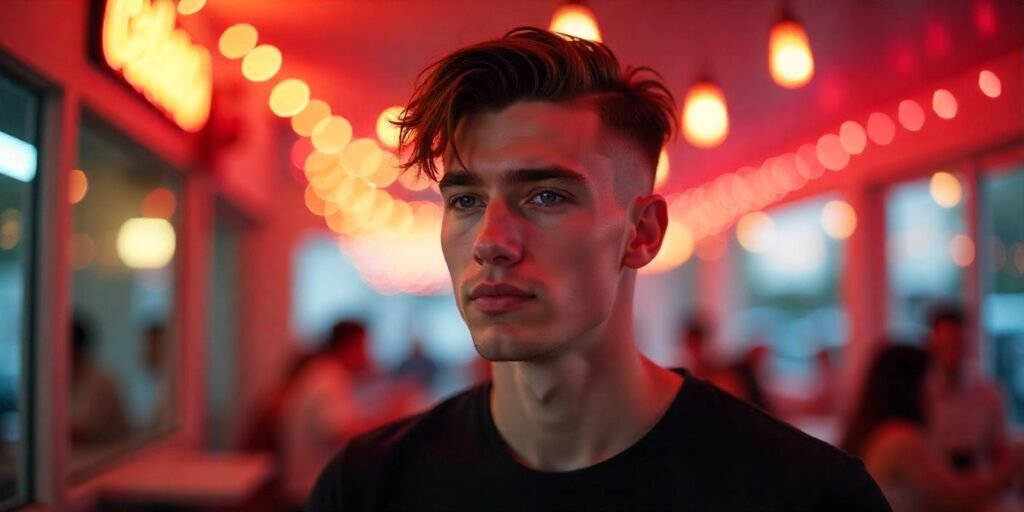 "Realistic image of a man with disconnected haircut, modern bold style, and romantic background"