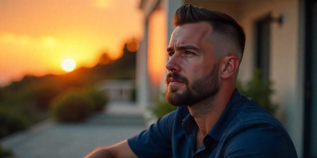 "Buzz cut hairstyle for men with faded sides, clean line on the hairline, and groomed beard in a romantic setting."
