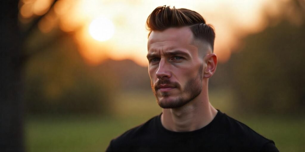 "Man with crew cut hairstyle, wearing black t-shirt, in romantic outdoor setting with soft lighting."