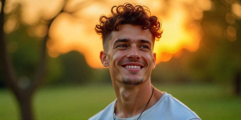 Young man with curly hair fade and bouncy curls in romantic outdoor setting with casual outfit