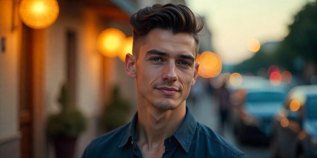 "Realistic photo of a man with a short brush up hairstyle, ideal for casual and formal occasions."