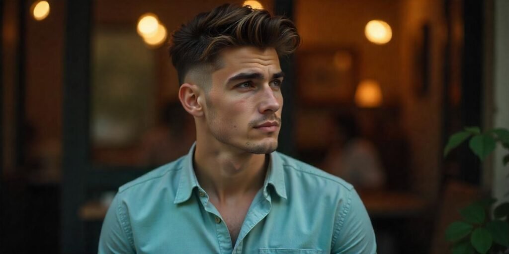 Low fade haircut with voluminous top, modern and stylish look for men, natural face expression.






