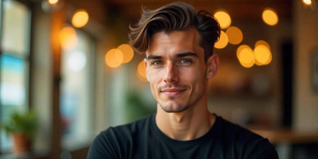 Man with sideswept undercut hairstyle, wearing a black t-shirt, with a romantic background. Natural facial features and realistic neck.







