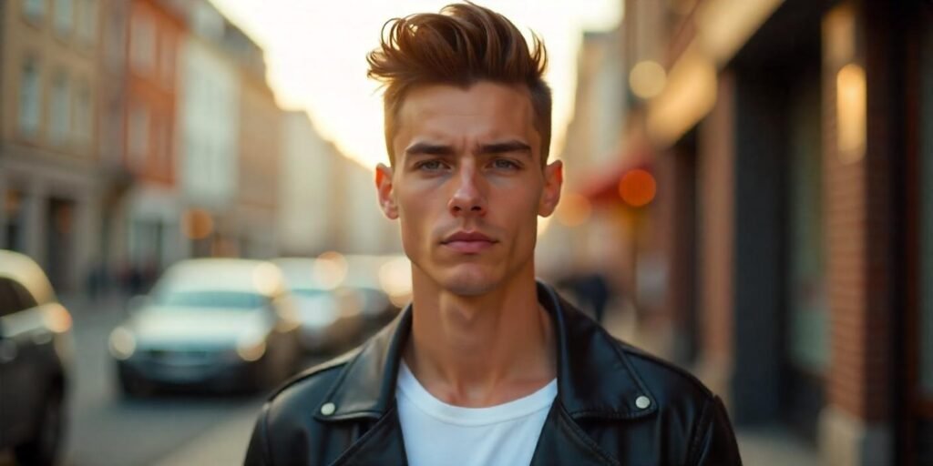Man with spiked hair, skin fade, wearing black leather jacket in a romantic urban setting.






