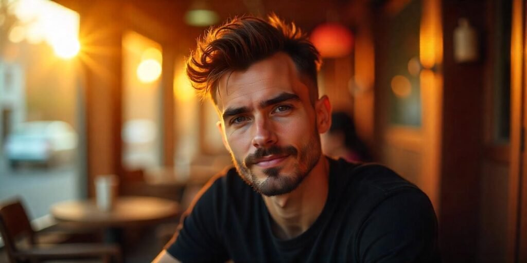 "Young man with tousled medium hair and short temples, featuring thick facial hair and confident expression."

