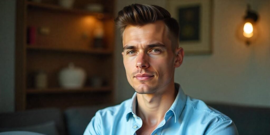 "Realistic image of a man with slick back side-parted pompadour hairstyle in a light blue shirt."







