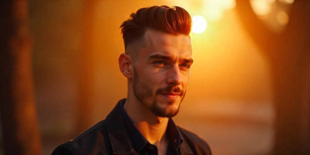 "High fade with hard part hairstyle on a man in a romantic setting with natural neck and relaxed expression."

