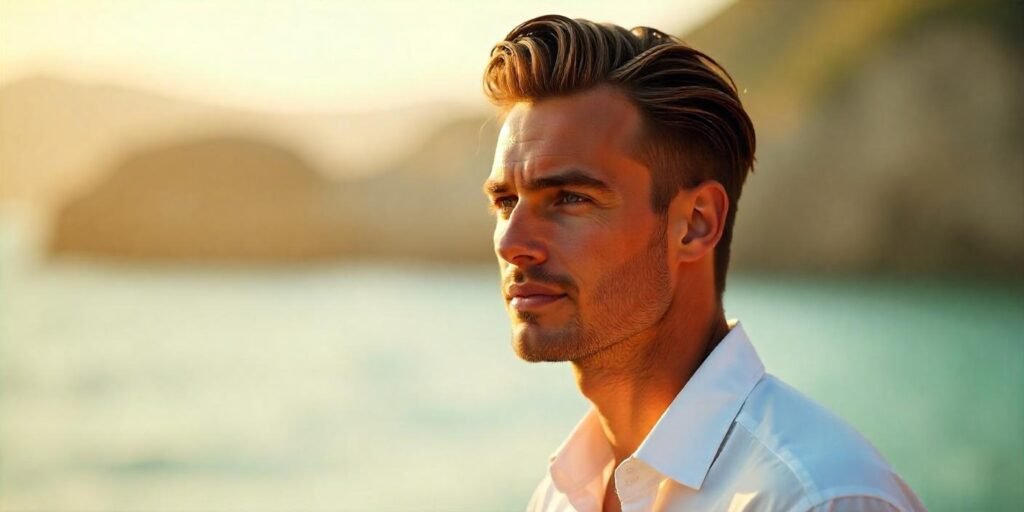Side-parted slick back hairstyle for men with textured layers, volume, and natural expression.







