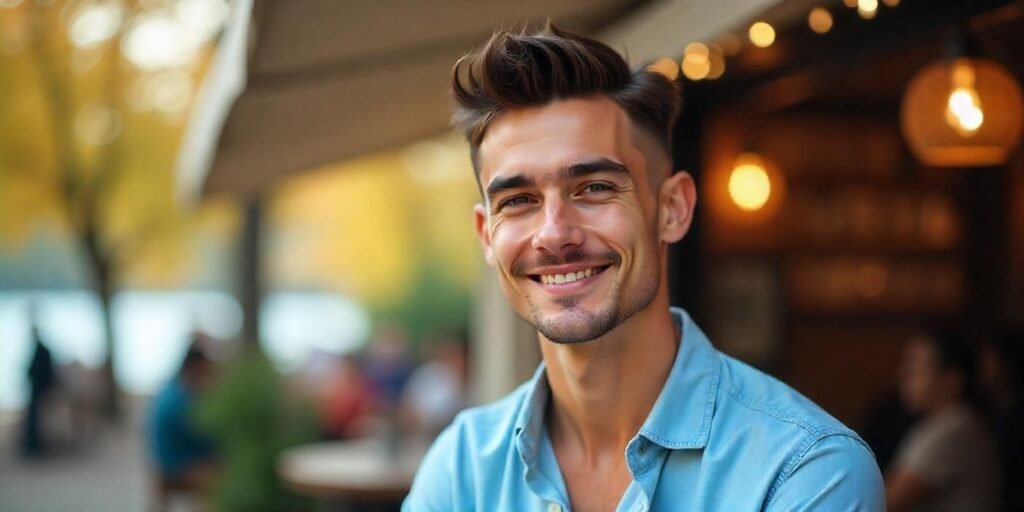 "Textured crop hairstyle for men with jagged edges and high spikes in a romantic setting."







