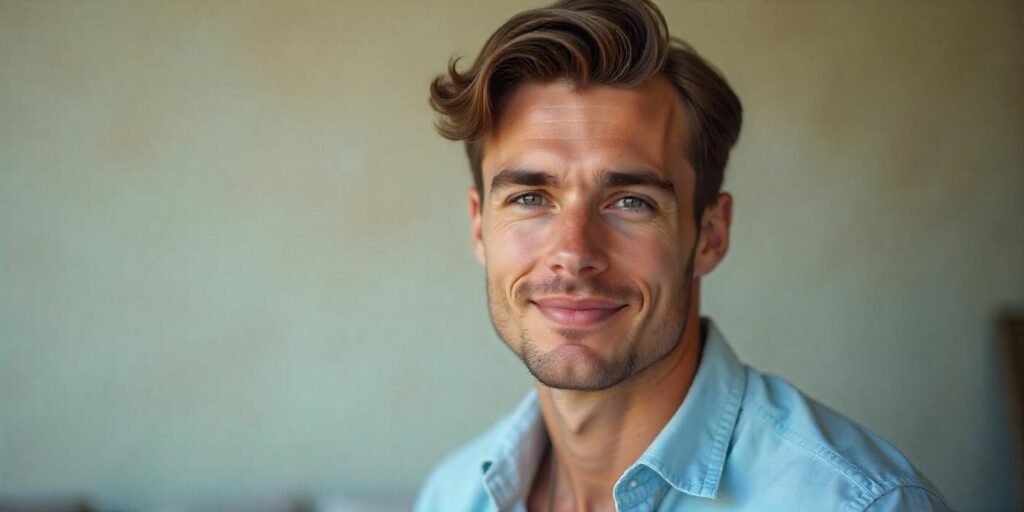 "Man with wavy comb-over hairstyle, styled to add volume and smooth texture with natural facial features and realistic neck."

