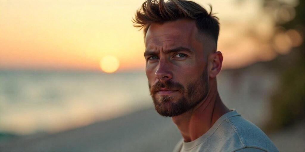 "Realistic image of a man with a military-style haircut and sculpted beard in romantic lighting."







